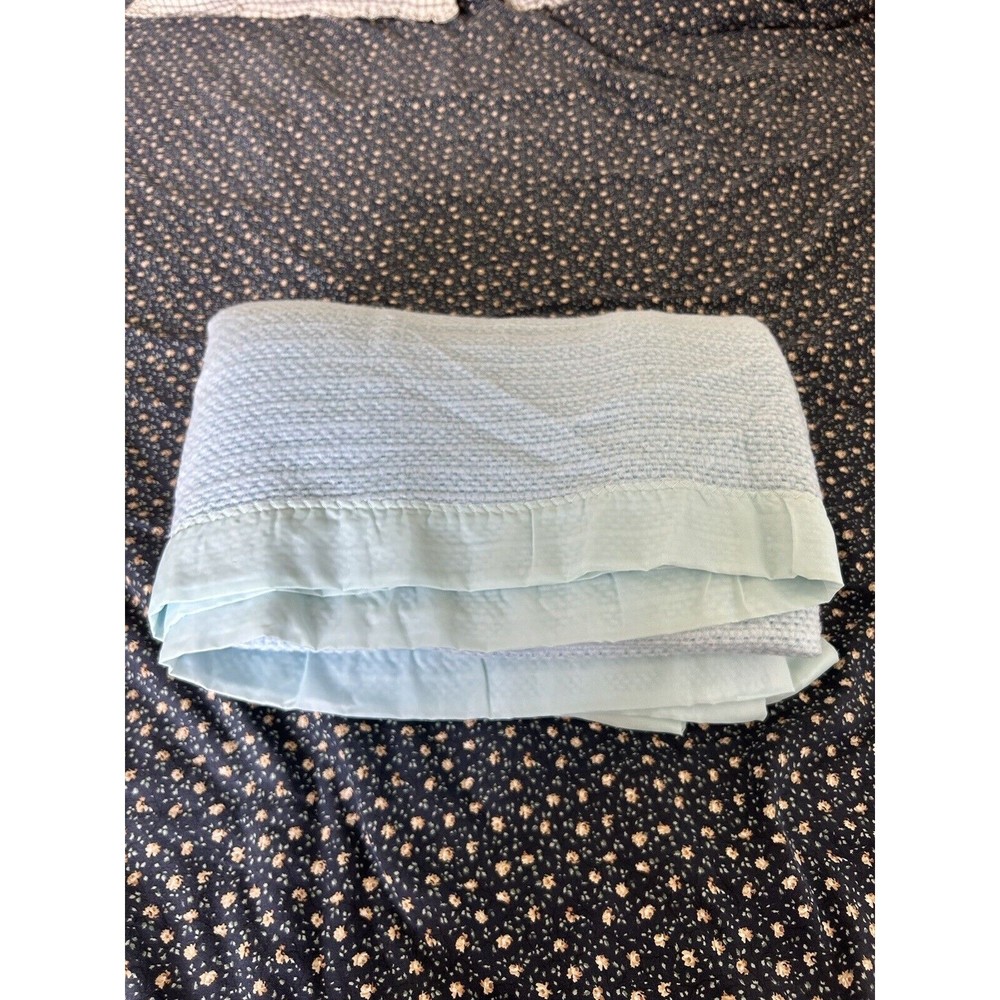 2 Vintage Acrylic Waffle Weave Cabin Blankets Trim Light Sky Baby Blue 89” X 78”